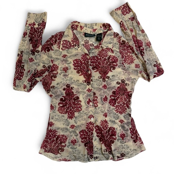 Retro NY&CO Mesh Button Up Tan/Maroon Boho Top - Picture 1 of 4